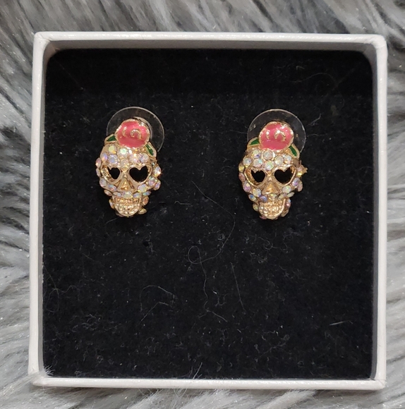 Jewelry - Gold Skull Rhinestone Earrings with Pink Floral Accent